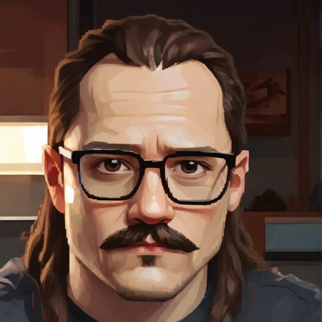 Imagem de um homem com cabelo comprido até os ombros, bigode e barba por fazer. Ele usa óculos de armação quadrada e uma camisa de manga longa na cor azul. A expressão é séria e contemplativa, olhando diretamente para o observador. A iluminação suave destaca o rosto e a parte superior do corpo, enquanto o fundo sugere um interior de casa com tons quentes e escuros. Este retrato poderia ser associado a um tatuador especializado em estilos de videogame e geek em Uberlândia, MG.